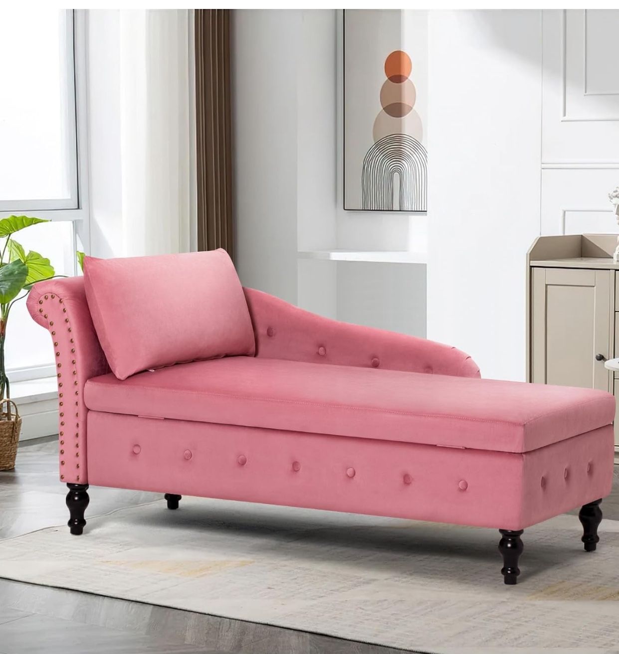 Upholstered Velvet Chaise Lounge with Left Armrest & Storage Space,Button Tufted Lounge Chair