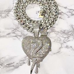 Men’s Miami Cuban Link Chain Necklace, 14K White Gold 5X Layered Cuban Chain, Drip Heart Necklace, CZ Diamond Heart Choker, ICY Necklace, Chain