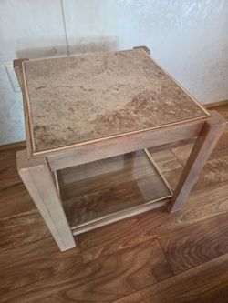 Wood Side Table with Stone Top and Glass Shelf