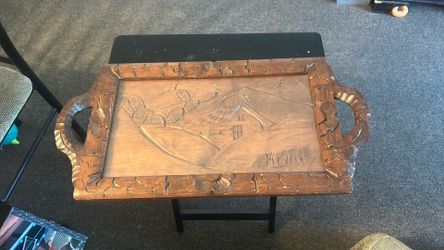 Vintage Hand Carved Wood Mexican Folk Art Serving Tray with Glass Top
