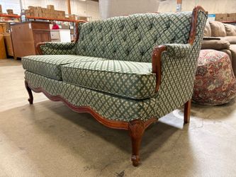 CRAFTMASTER Vintage Settee with Emerald Green Celtic Pattern Upholstery and Carved Wood Details