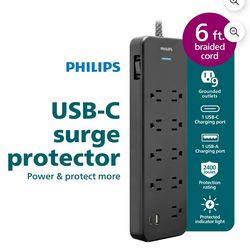 Philips 6-ft 9-Outlet Surge Protector, 1 USB-A, 1 USB-C, 15W, 2400J, Braided Cord, 6ft, Black