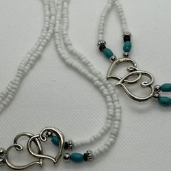 Stylish Beachy White & Aquamarine Double Heart Necklace & Anklet Set