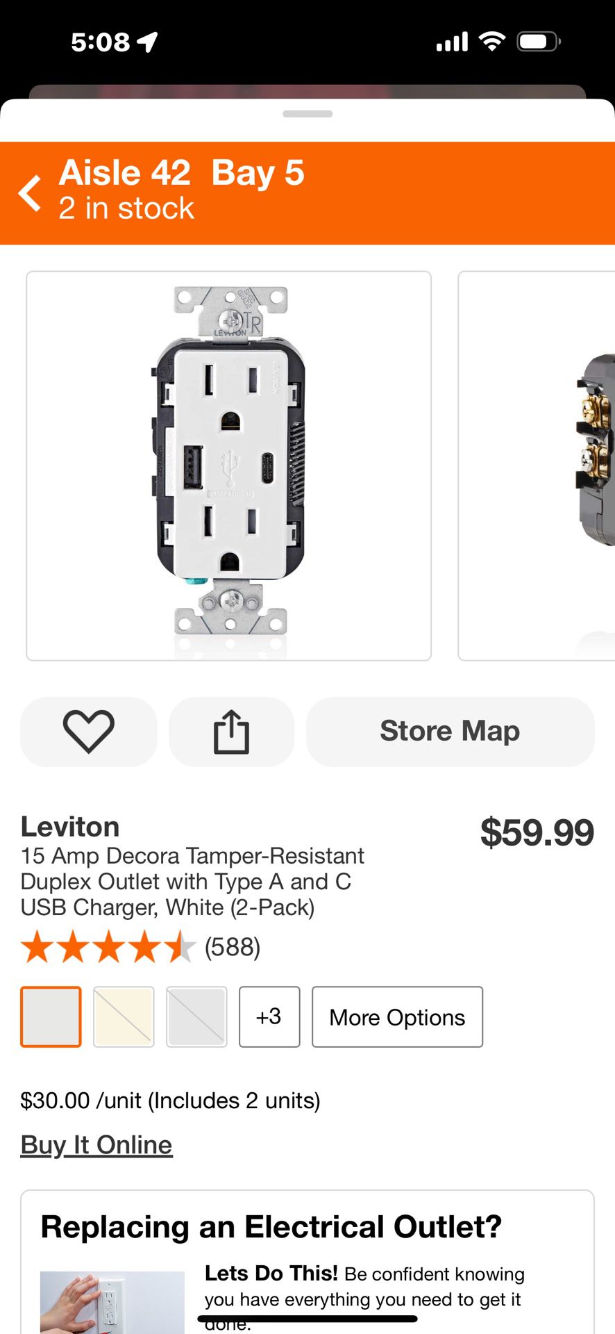 LEVITON   15 Amp Decora Tamper-Resistant Duplex Outlet with Type A and C USB Charger, White (2-Pack)