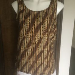 Vintage 100% Silk brown & Black Print Misses Large Sleeveless TOP. Authentic