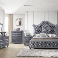 Brand New Plush Grey 4pc Queen Bedroom Set (Available In Eastern King)