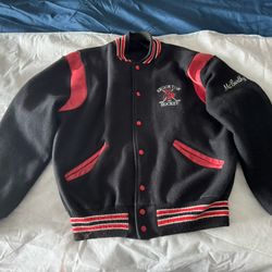 Men's wool bomber jacket with leather inserts, size XL