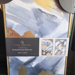 One Art Piece  Blue Gold Brown Abstract Art Framed