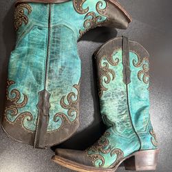 Womens turquoise Western Cowgirl Leather Boots Overlay Snip Toe women 7.5