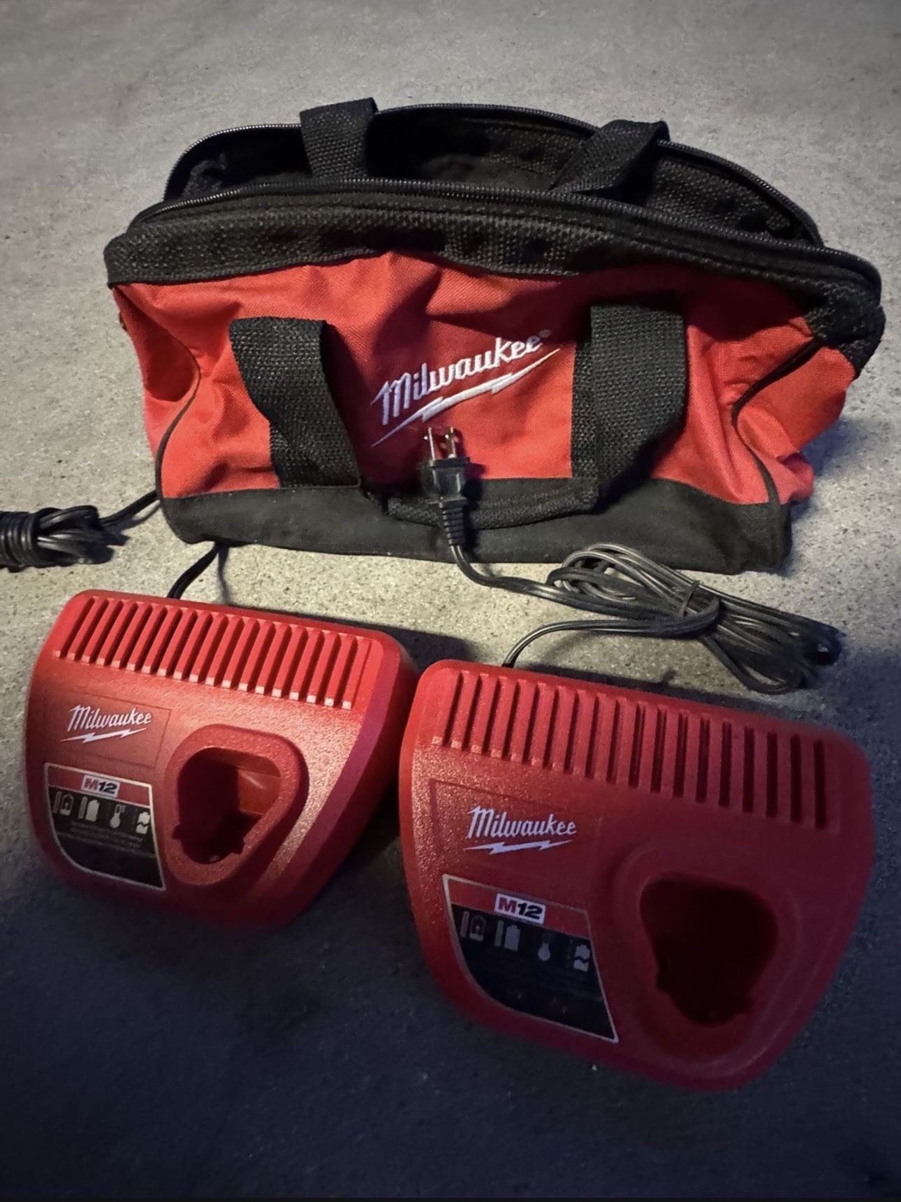 MILWAUKEE M12 CHARGERS AND BAG