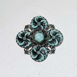 Vintage Silver Filagree & Turquoise Stones Ornate Floral Brooch
