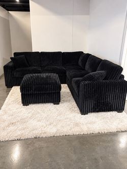 Fluffy L-Shape Corduroy Sectional with Ottoman Black Brown $0 Down
