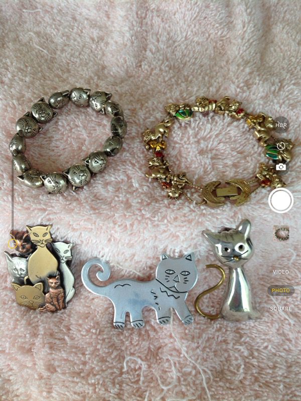 Cat Jewelry: 2 bracelets, 3 lapel pins