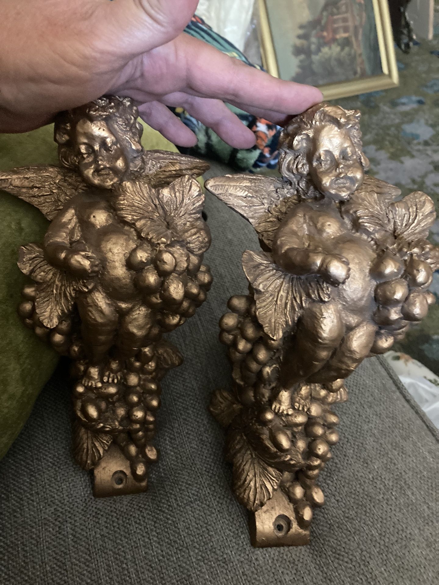 Gold Vtg Drapery Curtain Rod Wall Sconce Angel WoodCorbel Swag Holder