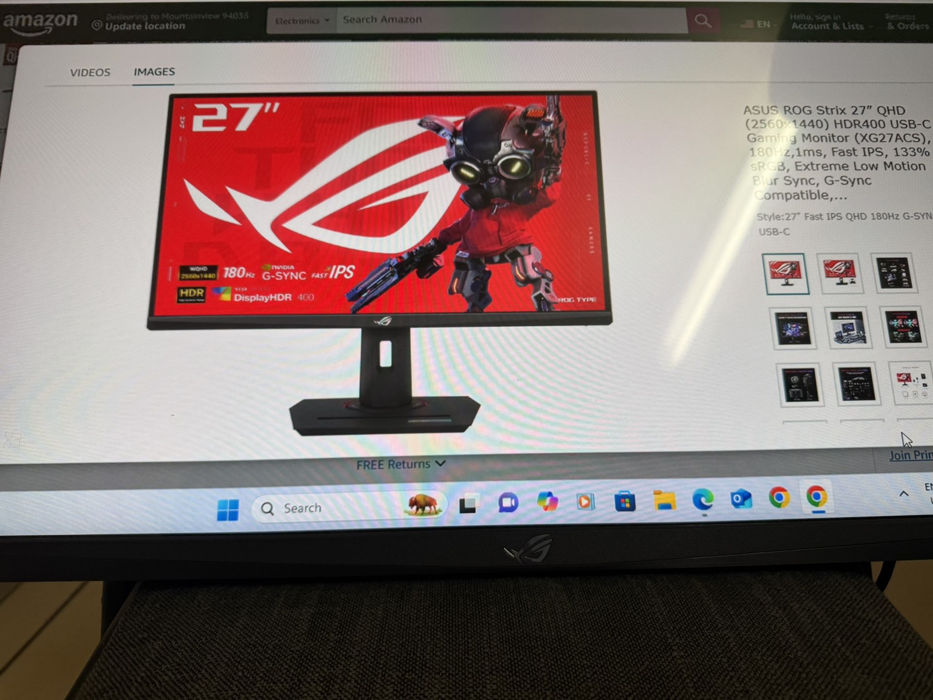 ASUS ROG Strix 27” QHD (2560x1440) HDR400 USB-C Gaming Monitor (XG27ACS), 180Hz,1ms, Fast IPS, 133%