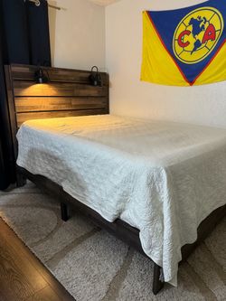 Queen Size Rustic Wood Bed Frame with Built-In Lights