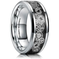 Men's 8mm Tungsten Beveled Edge Steampunk Gears/Circles Comfort-Fit Wedding Band