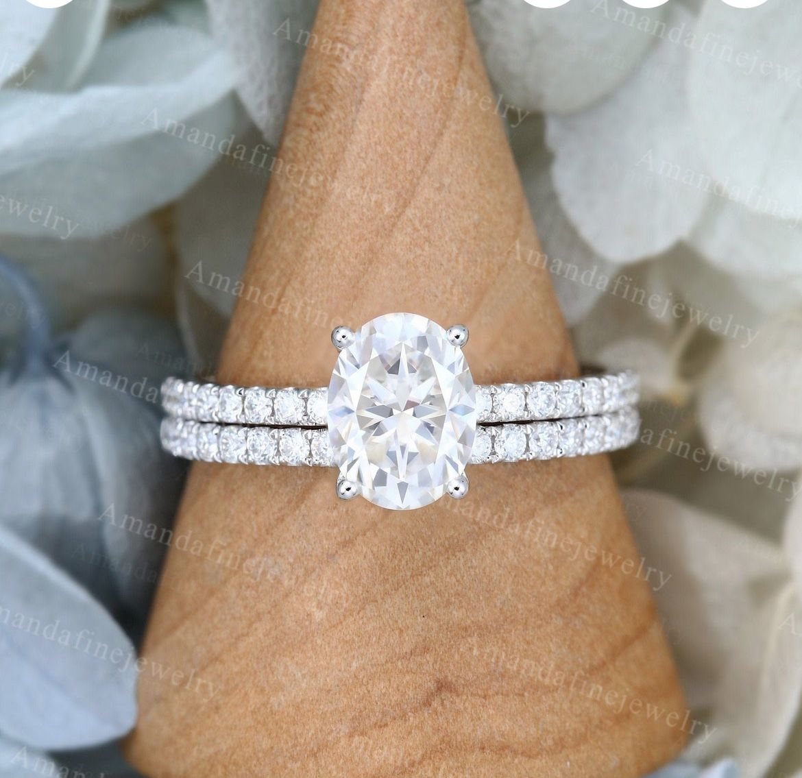 Oval Moissanite engagement ring and band set white gold