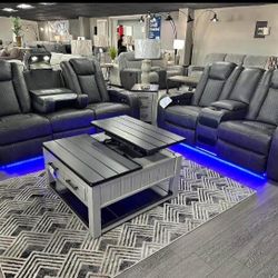 $10 Down Payment Finance 🕵🏼‍♀️New Fyne Dyme Black Led Power Reclining ( Sofa & Loveseat ) Living Room Set 