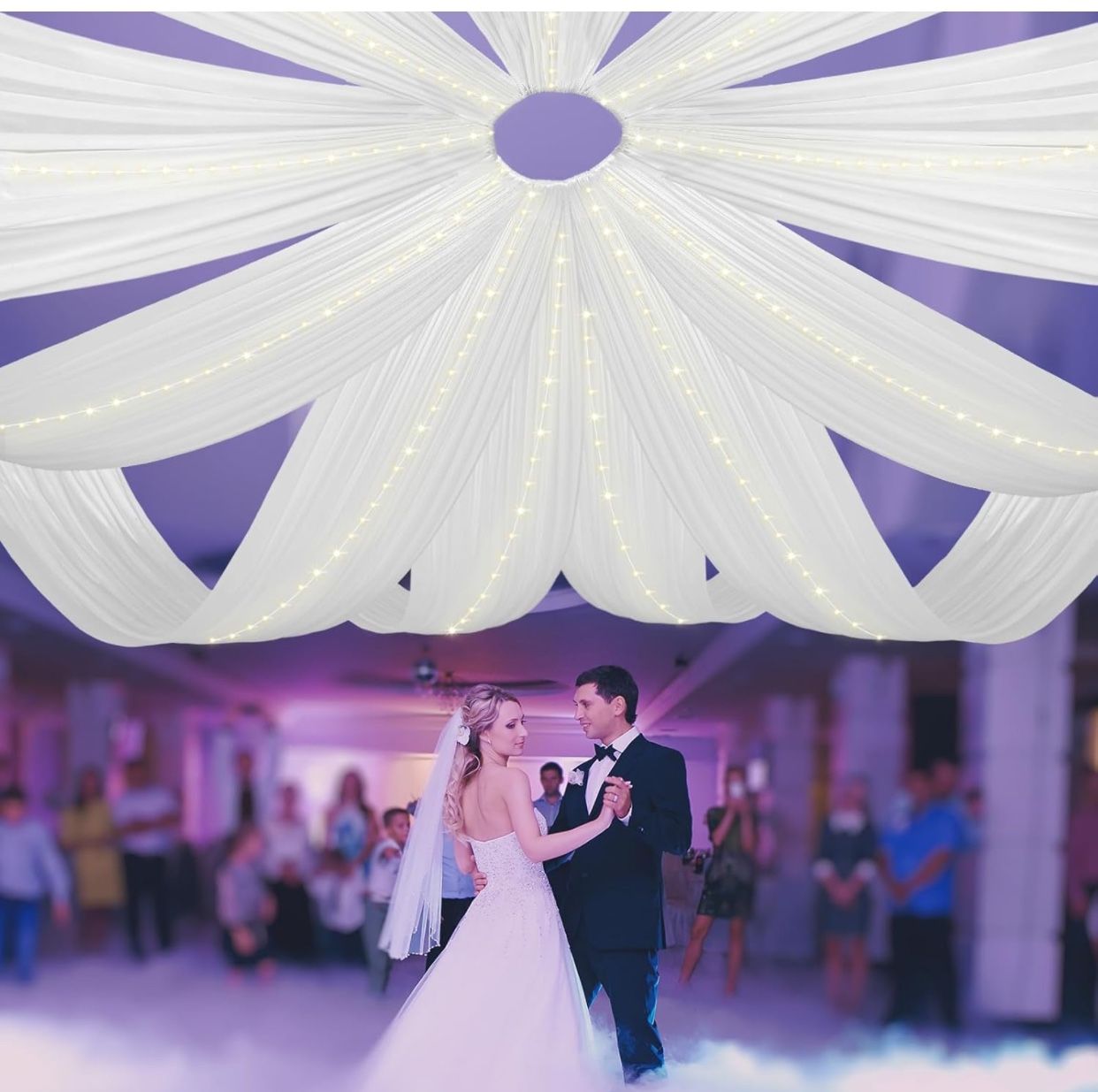 Mixweer 6 Panels White Ceiling Drapes with Lights for Wedding 5 X10ft Long Ice Silk Fabric with LED 10x10ft Lights Drapery Draping Wedding Ceiling for