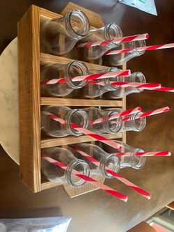 Vintage style Glass Bottles with Wood Rack and Straws