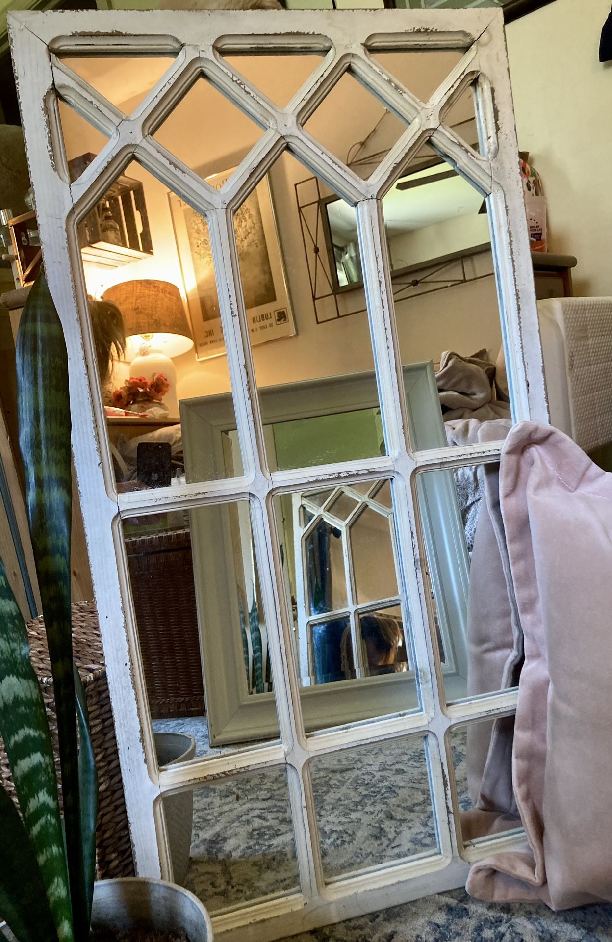 Antique English Cottage White Window Turned Wall Mirror 