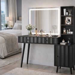 44" W x 55" H Vanity Desk Mirror with Light, Makeup Vanities Large Wave Fluted Dressing Table & 2 Dr