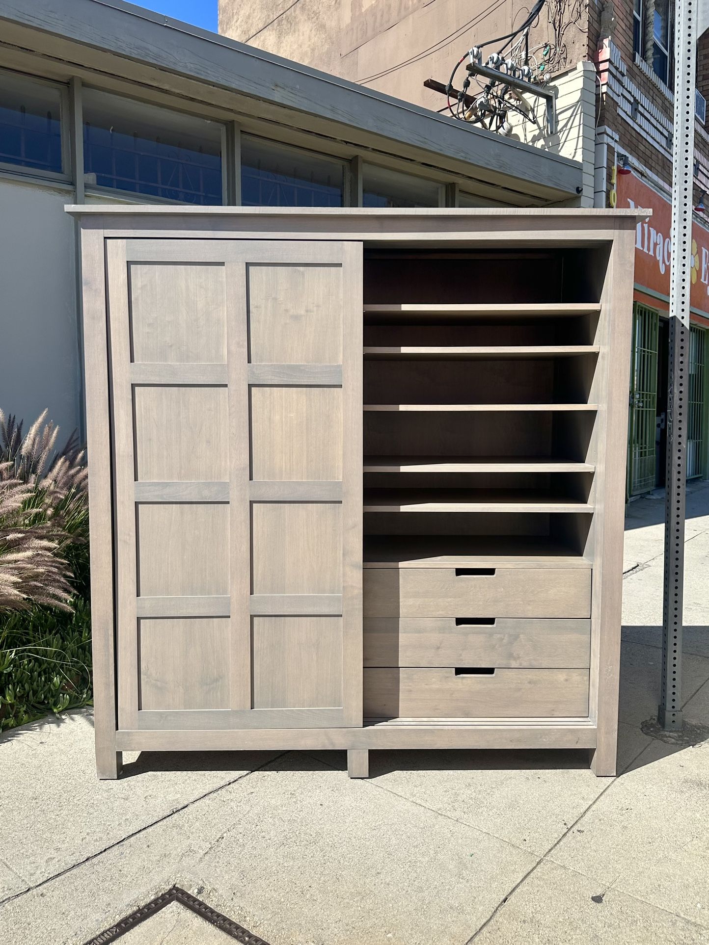 Room & Board Solid Wood Armoire Gray Dresser w/ Shelves, Delivery Available, Hutch Cabinet Closet Wardrobe CB2 Joybird 