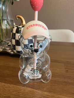 Starbucks Bear Glass Cup with Strawberry Straw