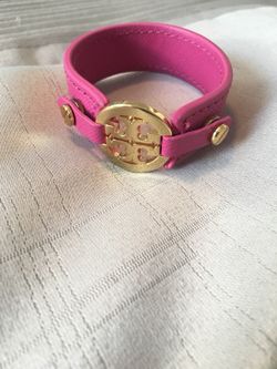 Tory Burch Pink Etched Leather Logo Cuff