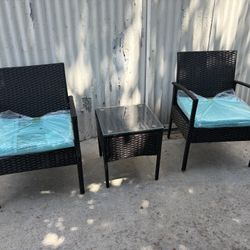 3 Pieces Patio Furniture Set, Outdoor Rattan Conversation Set with 2 Chairs & Coffee Table, Modern Wicker Patio Bistro Set , Turquoise