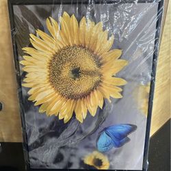 New Sunflower Picture With Blue Butterfly on canvas. Ready To Hang