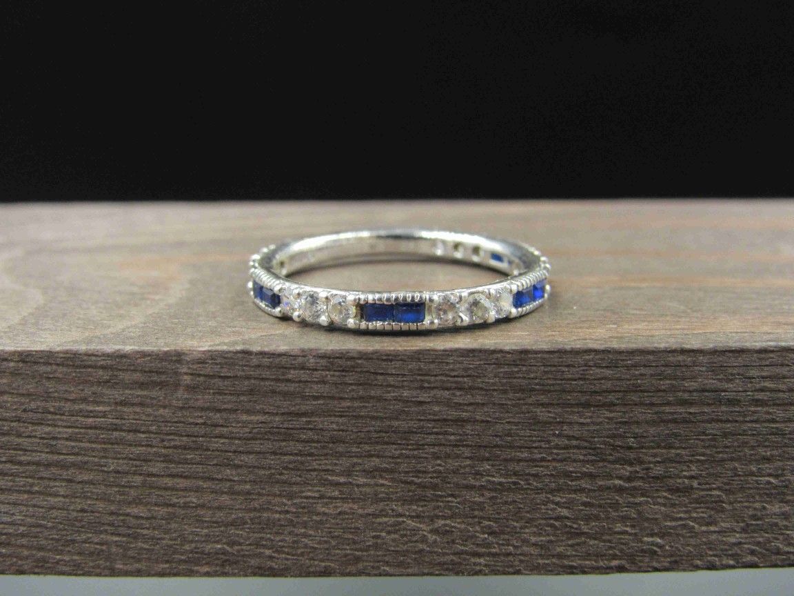 Size 7.75 Sterling Silver Blue Spinel & CZ Band Ring Vintage Statement Engagement Wedding Promise Anniversary Bridal Cocktail Friendship
