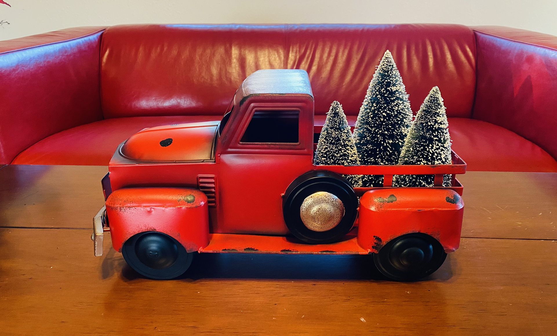 Vintage Metal Red Truck with 3 Removable Bottlebrush Treesby Valerie -