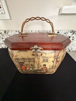 Vintage Anton Pieck Decoupage Art Octagon Wooden Box Purse with Metal Handle