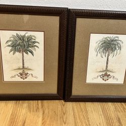 Vintage British Colonial Style Faux Bamboo and Palm Tree- Framed Wall Art