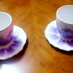 Longaberger Vintage Purple Tulip Collectable 8 oz. Tea Or Coffee Cup and Saucer  Set Of 2