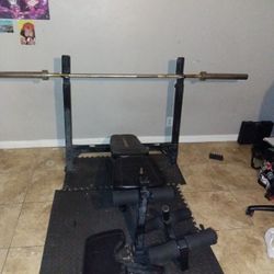 Olympic Bench Press With Weight Plates Dumbbells Curl Bar Mats $150