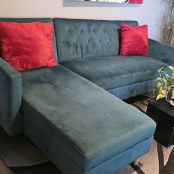 Velvet Green 💚 Sectional Sofa Bed Back Rest Reclines And Storage Under Chaise And Reversible 