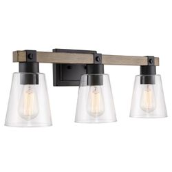 Kira Home Asher 23" 3-Light Farmhouse Vanity / Bathroom Light + Funnel Glass Shades, Smoked Birch Wood Style + Black Finish