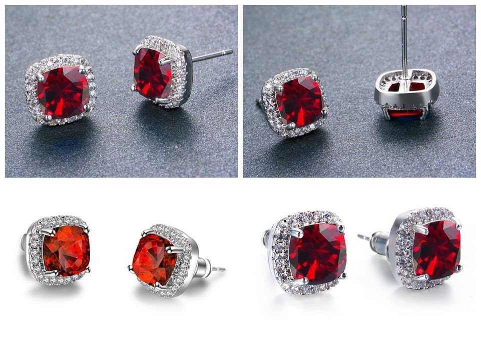 Elegant 925 Silver Princess Cut Ruby Red Birthstone Stud Earrings