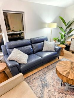 Blue leather power reclining sofa