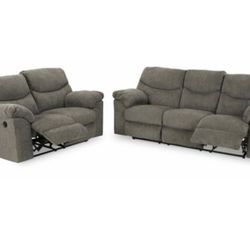 New Gray Fabric Ashley Brand Reclining Sofa And Love Seat Couch Set 