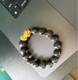 Black Rutile Bracelet with 18k gold dragon pendant wealth bracelet Piyao Pixiu