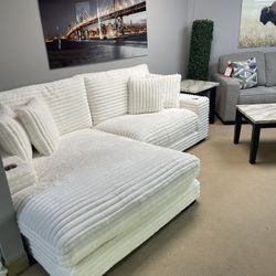 Lindyn II Ivory Jumbo Corduroy 2pc Reversible Sectional Sofa w/ Dual Cupholders & USB Ports