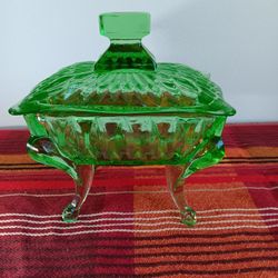 Green Depression Glass Lidded Footed Curved Legs Trinket Vanity Box Candy Dish