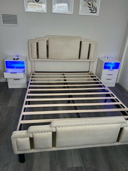 Set Queen Velvet Upholstered Platform Bed with Gold Accents and nightstands