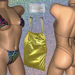 EXOTIC DANCE/ CLUB/ RAVE WEAR: BEDAZZLED 2 PIECE SET & GLITTER MONEY BAG