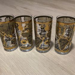 Vintage Cera 22K Old World Map Highball Glasses Tumblers Set Of 4