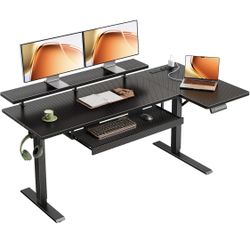 55 Inch L Shaped Electric Standing Desk with Keyboard Tray, Reversible Height Adjustable Corner Computer Desk with Monitor Stand, Sit Stand Up Lift Ta